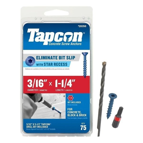 Tapcon Tapcon Concrete Screw, 3/16" Dia., Flat, 1 1/4 in L, Steel Climaseal Coated 28350